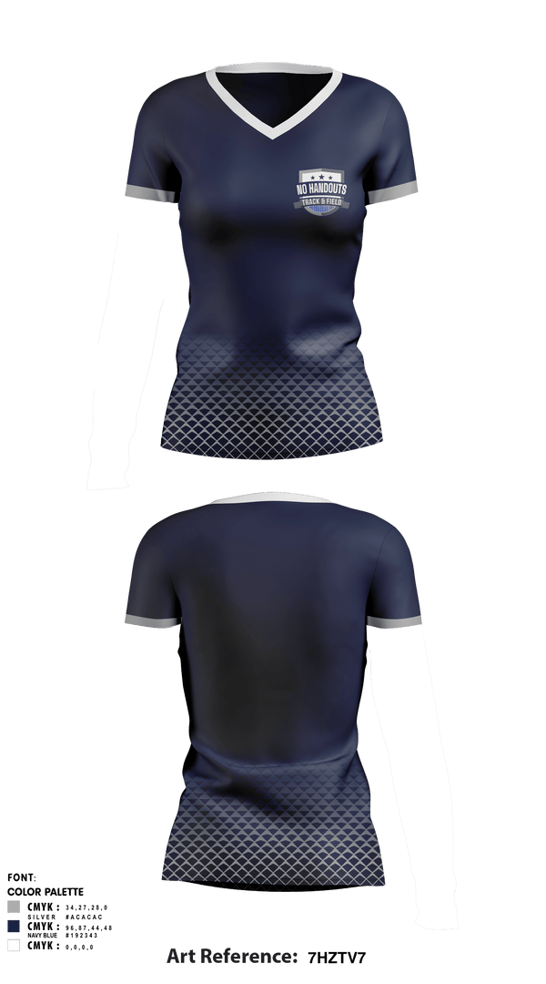 Women's Short Sleeve Vneck Shirt, No Handouts Track & Field, Track & Field, Teamtime, Team time, sublimation, custom sports apparel, team uniforms, spirit wear, spiritwear, sports uniforms, custom shirts, team store, custom team store, fundraiser sports, apparel fundraiser