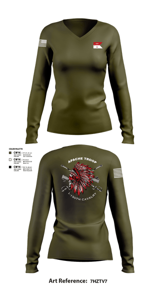 Women's Long Sleeve Vneck Shirt, Apache Troop 1-150th, Army, Teamtime, Team time, sublimation, custom sports apparel, team uniforms, spirit wear, spiritwear, sports uniforms, custom shirts, team store, custom team store, fundraiser sports, apparel fundraiser