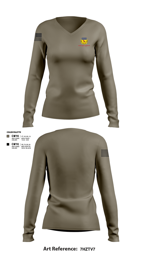 Women's Long Sleeve Vneck Shirt, Alpha BTRY 2/138th FA, National Guard, Teamtime, Team time, sublimation, custom sports apparel, team uniforms, spirit wear, spiritwear, sports uniforms, custom shirts, team store, custom team store, fundraiser sports, apparel fundraiser