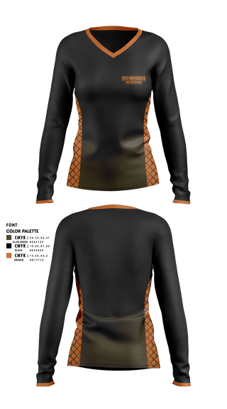 Women's Long Sleeve Vneck Shirt, Team Thrive Pelotonia, Cycling, Teamtime, Team time, sublimation, custom sports apparel, team uniforms, spirit wear, spiritwear, sports uniforms, custom shirts, team store, custom team store, fundraiser sports, apparel fundraiser