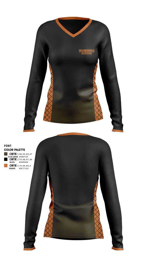Women's Long Sleeve Vneck Shirt, Team Thrive Pelotonia, Cycling, Teamtime, Team time, sublimation, custom sports apparel, team uniforms, spirit wear, spiritwear, sports uniforms, custom shirts, team store, custom team store, fundraiser sports, apparel fundraiser