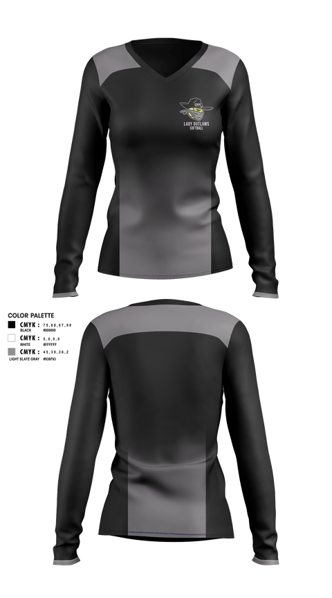 Women's Long Sleeve Vneck Shirt, Erie Lady Outlaws, Softball, Teamtime, Team time, sublimation, custom sports apparel, team uniforms, spirit wear, spiritwear, sports uniforms, custom shirts, team store, custom team store, fundraiser sports, apparel fundraiser