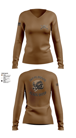 Women's Long Sleeve Vneck Shirt, 3rd PLT Black Sheep, Army, Teamtime, Team time, sublimation, custom sports apparel, team uniforms, spirit wear, spiritwear, sports uniforms, custom shirts, team store, custom team store, fundraiser sports, apparel fundraiser
