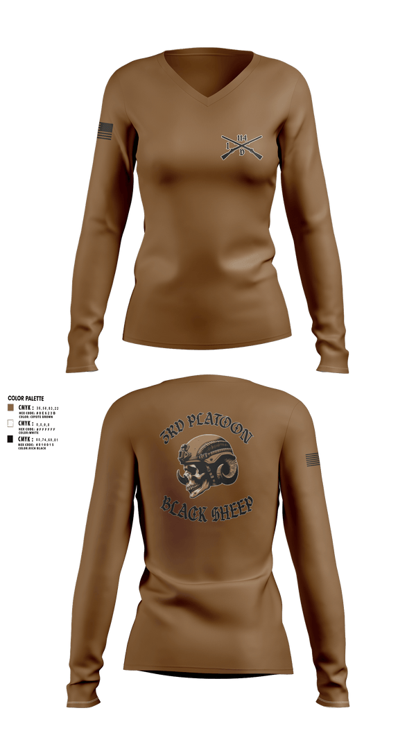 Women's Long Sleeve Vneck Shirt, 3rd PLT Black Sheep, Army, Teamtime, Team time, sublimation, custom sports apparel, team uniforms, spirit wear, spiritwear, sports uniforms, custom shirts, team store, custom team store, fundraiser sports, apparel fundraiser