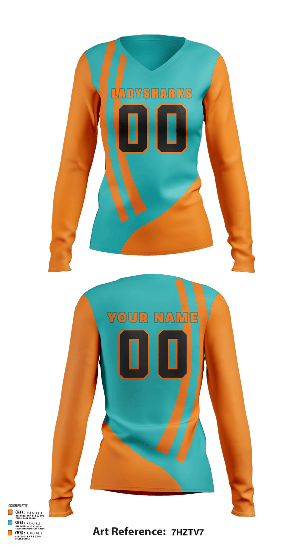 Women's Long Sleeve Vneck Shirt, LadySharks, Women's Volleyball, Teamtime, Team time, sublimation, custom sports apparel, team uniforms, spirit wear, spiritwear, sports uniforms, custom shirts, team store, custom team store, fundraiser sports, apparel fundraiser