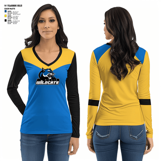 Women's Long Sleeve Vneck Shirt, Wildcats, Cheer, Teamtime, Team time, sublimation, custom sports apparel, team uniforms, spirit wear, spiritwear, sports uniforms, custom shirts, team store, custom team store, fundraiser sports, apparel fundraiser