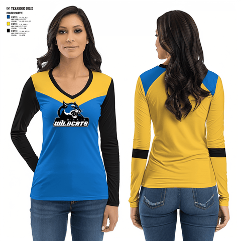 Women's Long Sleeve Vneck Shirt, Wildcats, Cheer, Teamtime, Team time, sublimation, custom sports apparel, team uniforms, spirit wear, spiritwear, sports uniforms, custom shirts, team store, custom team store, fundraiser sports, apparel fundraiser