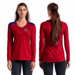 Women's Long Sleeve Vneck Shirt, Heritage High School Volleyball, Women's Volleyball, Teamtime, Team time, sublimation, custom sports apparel, team uniforms, spirit wear, spiritwear, sports uniforms, custom shirts, team store, custom team store, fundraiser sports, apparel fundraiser