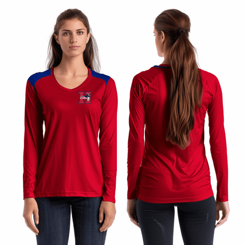 Women's Long Sleeve Vneck Shirt, Heritage High School Volleyball, Women's Volleyball, Teamtime, Team time, sublimation, custom sports apparel, team uniforms, spirit wear, spiritwear, sports uniforms, custom shirts, team store, custom team store, fundraiser sports, apparel fundraiser