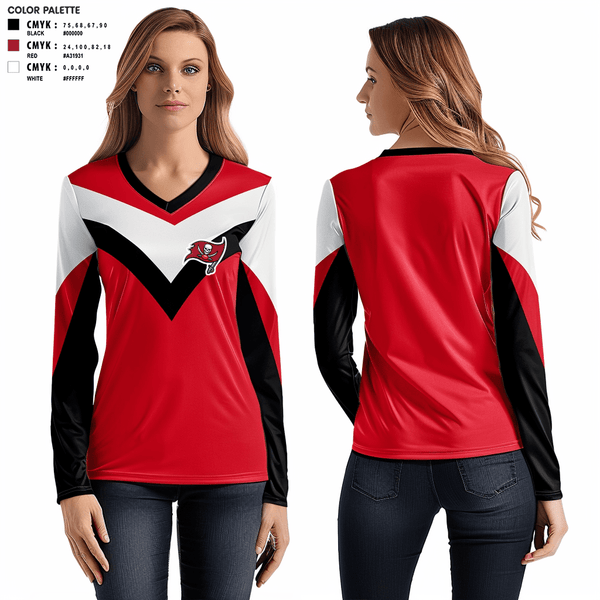 Women's Long Sleeve Vneck Shirt, East Bay Buccaneers Youth Football & Cheerleading, Football, Teamtime, Team time, sublimation, custom sports apparel, team uniforms, spirit wear, spiritwear, sports uniforms, custom shirts, team store, custom team store, fundraiser sports, apparel fundraiser