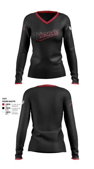 Women's Long Sleeve Vneck Shirt, NEMESIS, Softball, Teamtime, Team time, sublimation, custom sports apparel, team uniforms, spirit wear, spiritwear, sports uniforms, custom shirts, team store, custom team store, fundraiser sports, apparel fundraiser