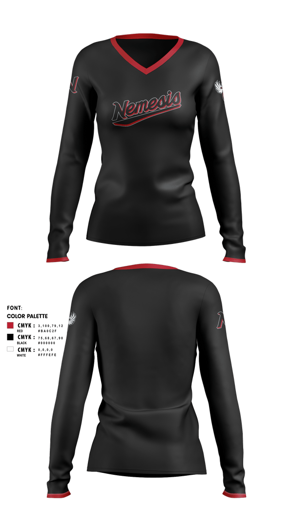 Women's Long Sleeve Vneck Shirt, NEMESIS, Softball, Teamtime, Team time, sublimation, custom sports apparel, team uniforms, spirit wear, spiritwear, sports uniforms, custom shirts, team store, custom team store, fundraiser sports, apparel fundraiser