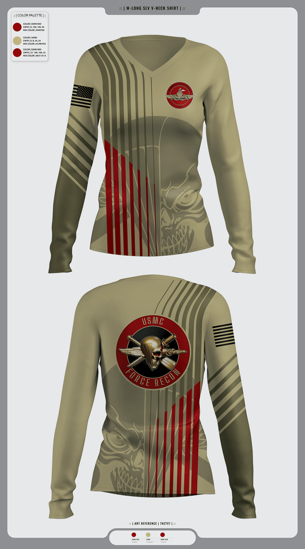 Women's Long Sleeve Vneck Shirt, 2nd Force Reconnaissance, Marines, Teamtime, Team time, sublimation, custom sports apparel, team uniforms, spirit wear, spiritwear, sports uniforms, custom shirts, team store, custom team store, fundraiser sports, apparel fundraiser