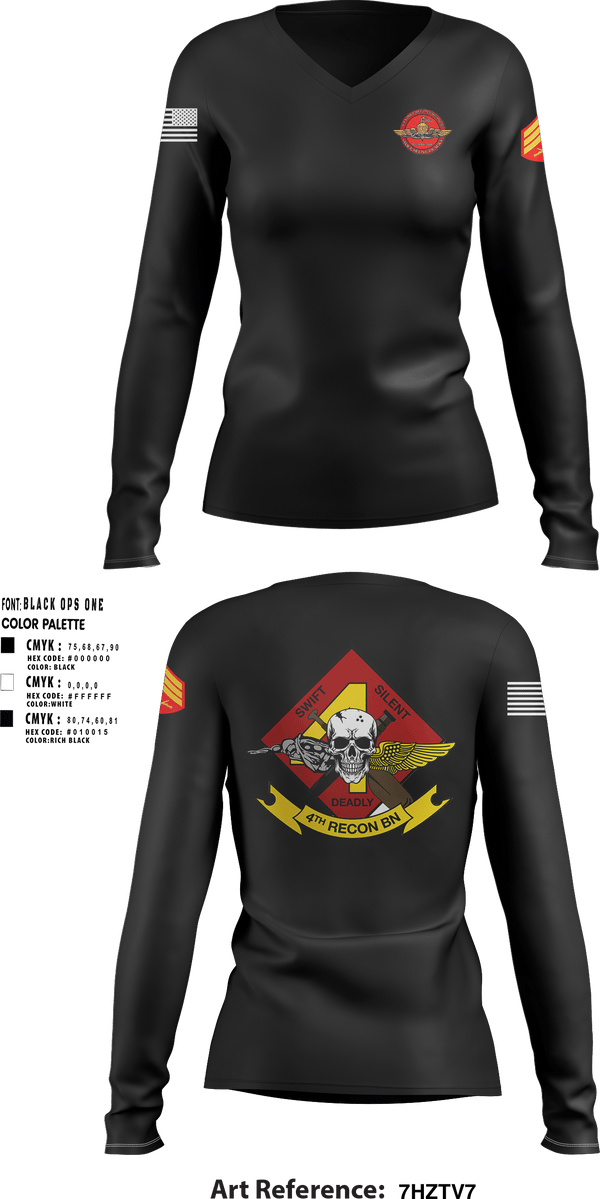 Women's Long Sleeve Vneck Shirt, 4th Recon Delta Company, Marines, Teamtime, Team time, sublimation, custom sports apparel, team uniforms, spirit wear, spiritwear, sports uniforms, custom shirts, team store, custom team store, fundraiser sports, apparel fundraiser