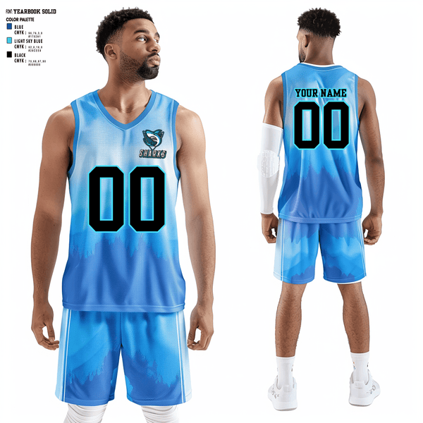 Basketball Uniform, Sharks, Men's Basketball, Teamtime, Team time, sublimation, custom sports apparel, team uniforms, spirit wear, spiritwear, sports uniforms, custom shirts, team store, custom team store, fundraiser sports, apparel fundraiser