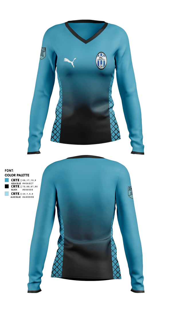 Women's Long Sleeve Vneck Shirt, Ac Connecticut, Men's Soccer, Teamtime, Team time, sublimation, custom sports apparel, team uniforms, spirit wear, spiritwear, sports uniforms, custom shirts, team store, custom team store, fundraiser sports, apparel fundraiser