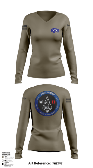Women's Long Sleeve Vneck Shirt, Battle company 1-17IN, Army, Teamtime, Team time, sublimation, custom sports apparel, team uniforms, spirit wear, spiritwear, sports uniforms, custom shirts, team store, custom team store, fundraiser sports, apparel fundraiser