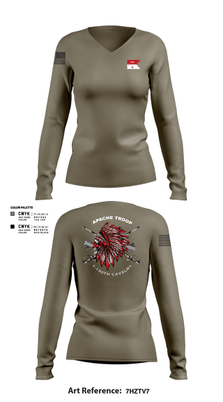 Women's Long Sleeve Vneck Shirt, Apache Troop 1-150th, Army, Teamtime, Team time, sublimation, custom sports apparel, team uniforms, spirit wear, spiritwear, sports uniforms, custom shirts, team store, custom team store, fundraiser sports, apparel fundraiser