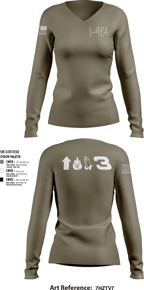 Women's Long Sleeve Vneck Shirt, 1-9 FA, Army, Teamtime, Team time, sublimation, custom sports apparel, team uniforms, spirit wear, spiritwear, sports uniforms, custom shirts, team store, custom team store, fundraiser sports, apparel fundraiser
