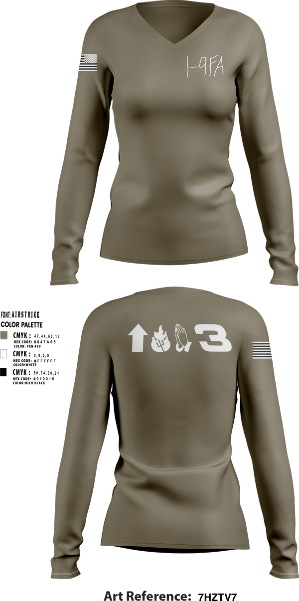 Women's Long Sleeve Vneck Shirt, 1-9 FA, Army, Teamtime, Team time, sublimation, custom sports apparel, team uniforms, spirit wear, spiritwear, sports uniforms, custom shirts, team store, custom team store, fundraiser sports, apparel fundraiser