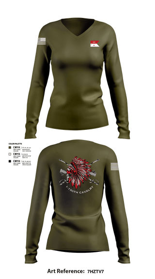 Women's Long Sleeve Vneck Shirt, Apache Troop 1-150th, Army, Teamtime, Team time, sublimation, custom sports apparel, team uniforms, spirit wear, spiritwear, sports uniforms, custom shirts, team store, custom team store, fundraiser sports, apparel fundraiser