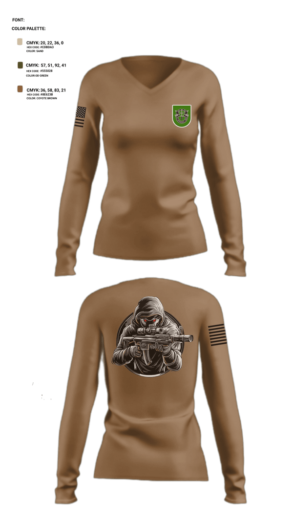 Women's Long Sleeve Vneck Shirt, 10 SFG, Army, Teamtime, Team time, sublimation, custom sports apparel, team uniforms, spirit wear, spiritwear, sports uniforms, custom shirts, team store, custom team store, fundraiser sports, apparel fundraiser
