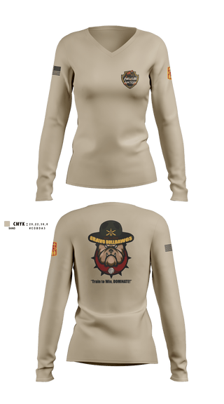 Women's Long Sleeve Vneck Shirt, Bravo BulldawgsBravo BulldawgsB_3-6 ADARBulldawgs 3-6ADAR, Army, Teamtime, Team time, sublimation, custom sports apparel, team uniforms, spirit wear, spiritwear, sports uniforms, custom shirts, team store, custom team store, fundraiser sports, apparel fundraiser