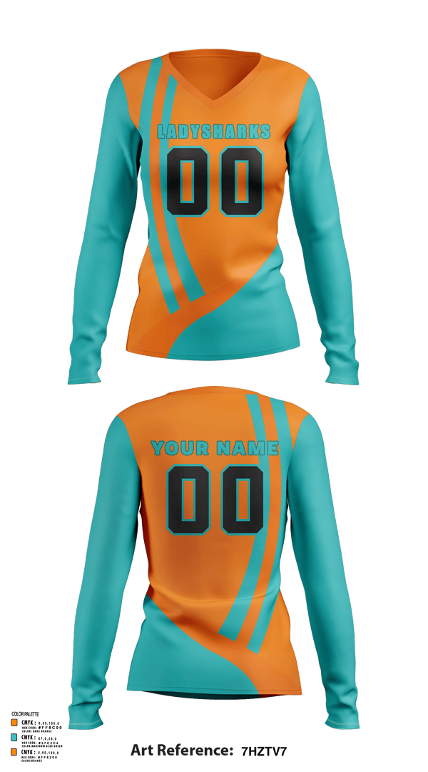 Women's Long Sleeve Vneck Shirt, LadySharks, Women's Volleyball, Teamtime, Team time, sublimation, custom sports apparel, team uniforms, spirit wear, spiritwear, sports uniforms, custom shirts, team store, custom team store, fundraiser sports, apparel fundraiser