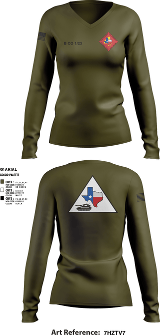 Women's Long Sleeve Vneck Shirt, Bravo 1/23 63480397, Marines, Teamtime, Team time, sublimation, custom sports apparel, team uniforms, spirit wear, spiritwear, sports uniforms, custom shirts, team store, custom team store, fundraiser sports, apparel fundraiser
