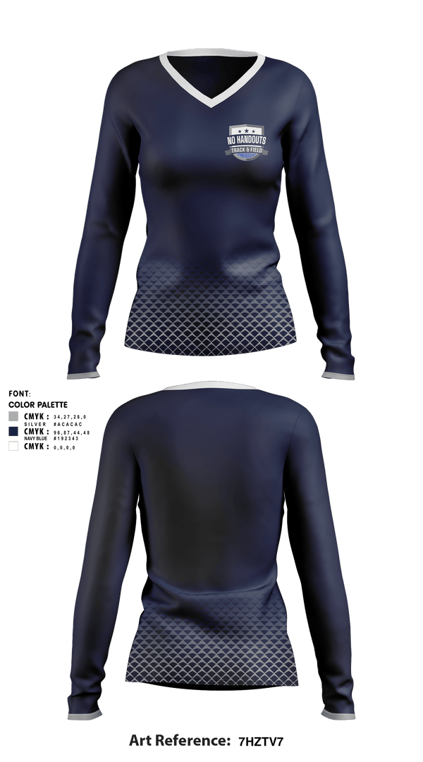 Women's Long Sleeve Vneck Shirt, No Handouts Track & Field, Track & Field, Teamtime, Team time, sublimation, custom sports apparel, team uniforms, spirit wear, spiritwear, sports uniforms, custom shirts, team store, custom team store, fundraiser sports, apparel fundraiser