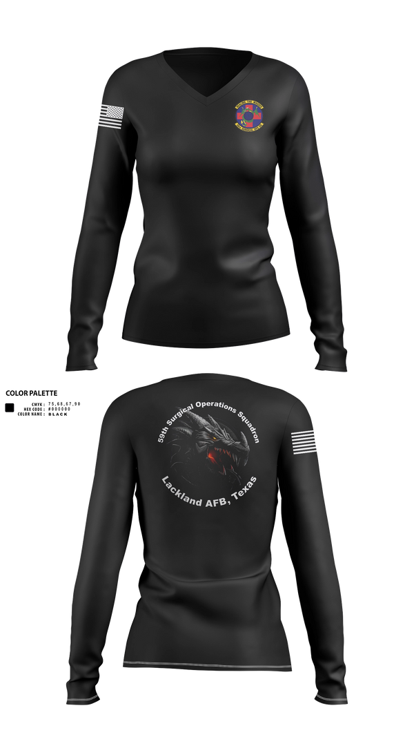 Women's Long Sleeve Vneck Shirt, 59th Surgical Operations Squadron, Air Force, Teamtime, Team time, sublimation, custom sports apparel, team uniforms, spirit wear, spiritwear, sports uniforms, custom shirts, team store, custom team store, fundraiser sports, apparel fundraiser