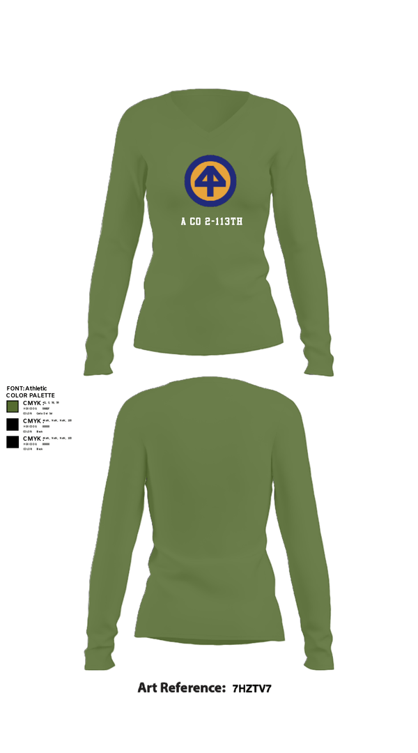 Women's Long Sleeve Vneck Shirt, A CO 2-113th, Army, Teamtime, Team time, sublimation, custom sports apparel, team uniforms, spirit wear, spiritwear, sports uniforms, custom shirts, team store, custom team store, fundraiser sports, apparel fundraiser