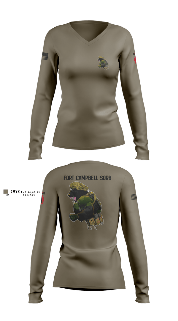 Women's Long Sleeve Vneck Shirt, Campbell SORB, Army, Teamtime, Team time, sublimation, custom sports apparel, team uniforms, spirit wear, spiritwear, sports uniforms, custom shirts, team store, custom team store, fundraiser sports, apparel fundraiser