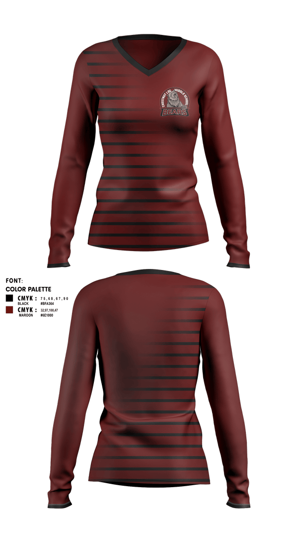 Women's Long Sleeve Vneck Shirt, Chestnut Log Middle School, , Teamtime, Team time, sublimation, custom sports apparel, team uniforms, spirit wear, spiritwear, sports uniforms, custom shirts, team store, custom team store, fundraiser sports, apparel fundraiser
