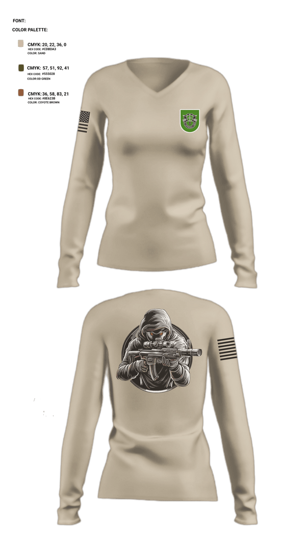 Women's Long Sleeve Vneck Shirt, 10 SFG, Army, Teamtime, Team time, sublimation, custom sports apparel, team uniforms, spirit wear, spiritwear, sports uniforms, custom shirts, team store, custom team store, fundraiser sports, apparel fundraiser