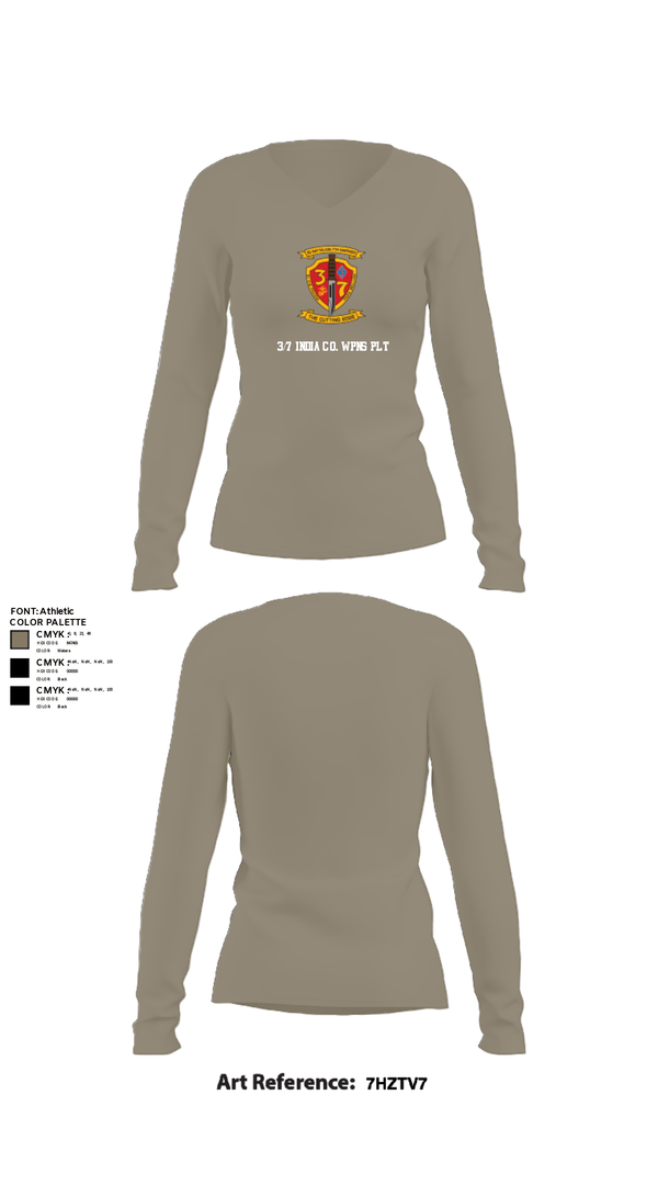 Women's Long Sleeve Vneck Shirt, 3/7 India Co. Wpns Plt, Marines, Teamtime, Team time, sublimation, custom sports apparel, team uniforms, spirit wear, spiritwear, sports uniforms, custom shirts, team store, custom team store, fundraiser sports, apparel fundraiser