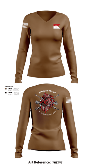 Women's Long Sleeve Vneck Shirt, Apache Troop 1-150th, Army, Teamtime, Team time, sublimation, custom sports apparel, team uniforms, spirit wear, spiritwear, sports uniforms, custom shirts, team store, custom team store, fundraiser sports, apparel fundraiser