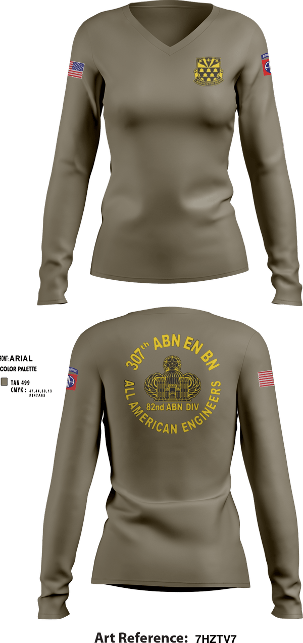 Women's Long Sleeve Vneck Shirt, 307th Airborne Engineers Battalion, , Teamtime, Team time, sublimation, custom sports apparel, team uniforms, spirit wear, spiritwear, sports uniforms, custom shirts, team store, custom team store, fundraiser sports, apparel fundraiser