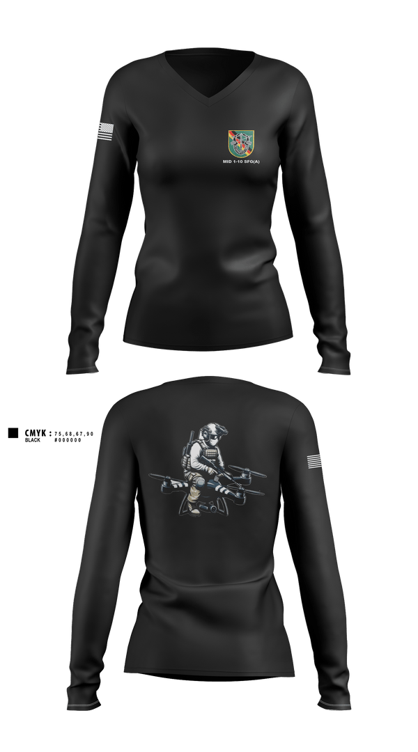 Women's Long Sleeve Vneck Shirt, Military Intelligence Detachment 1st Battalion 10th Special Forces Group (Airborne), Army, Teamtime, Team time, sublimation, custom sports apparel, team uniforms, spirit wear, spiritwear, sports uniforms, custom shirts, team store, custom team store, fundraiser sports, apparel fundraiser