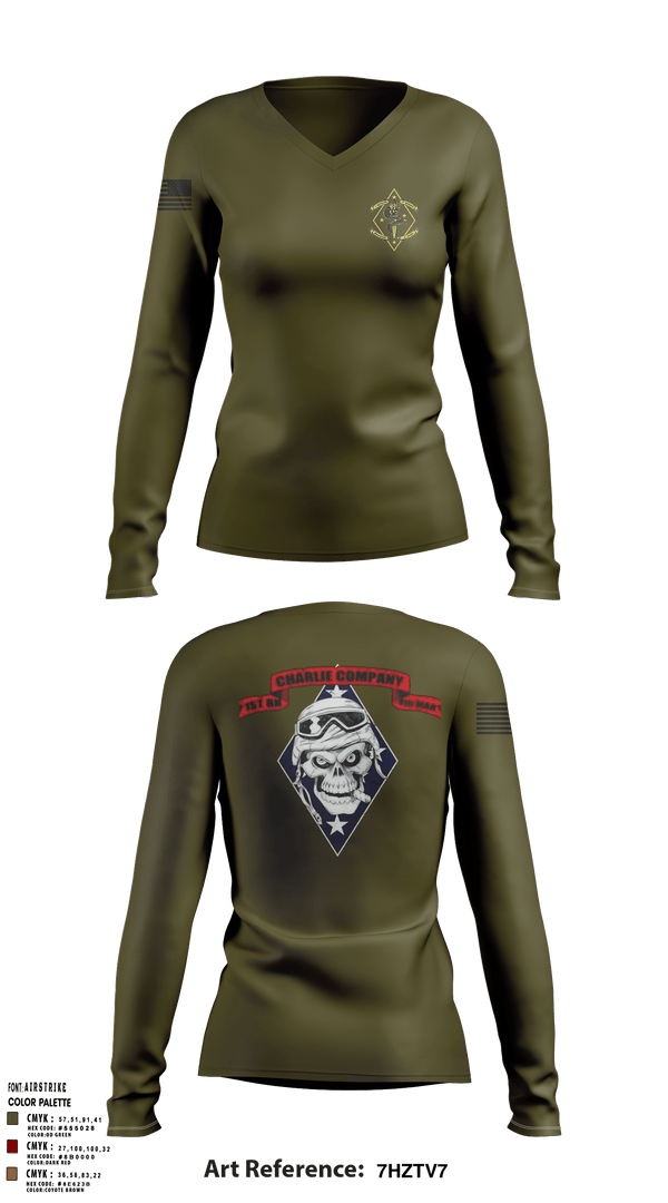 Women's Long Sleeve Vneck Shirt, 1st Batallion 4th Marines, , Teamtime, Team time, sublimation, custom sports apparel, team uniforms, spirit wear, spiritwear, sports uniforms, custom shirts, team store, custom team store, fundraiser sports, apparel fundraiser