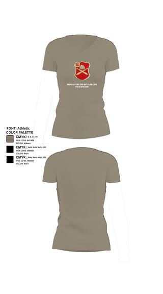Women's Short Sleeve Vneck Shirt, Bravo Battery, 6th Battalion, 10th Field Artillery, , Teamtime, Team time, sublimation, custom sports apparel, team uniforms, spirit wear, spiritwear, sports uniforms, custom shirts, team store, custom team store, fundraiser sports, apparel fundraiser