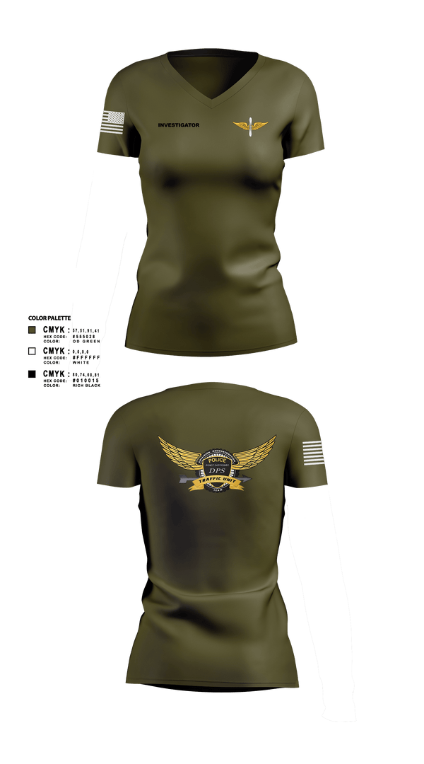 Women's Short Sleeve Vneck Shirt, Investigator, Army, Teamtime, Team time, sublimation, custom sports apparel, team uniforms, spirit wear, spiritwear, sports uniforms, custom shirts, team store, custom team store, fundraiser sports, apparel fundraiser
