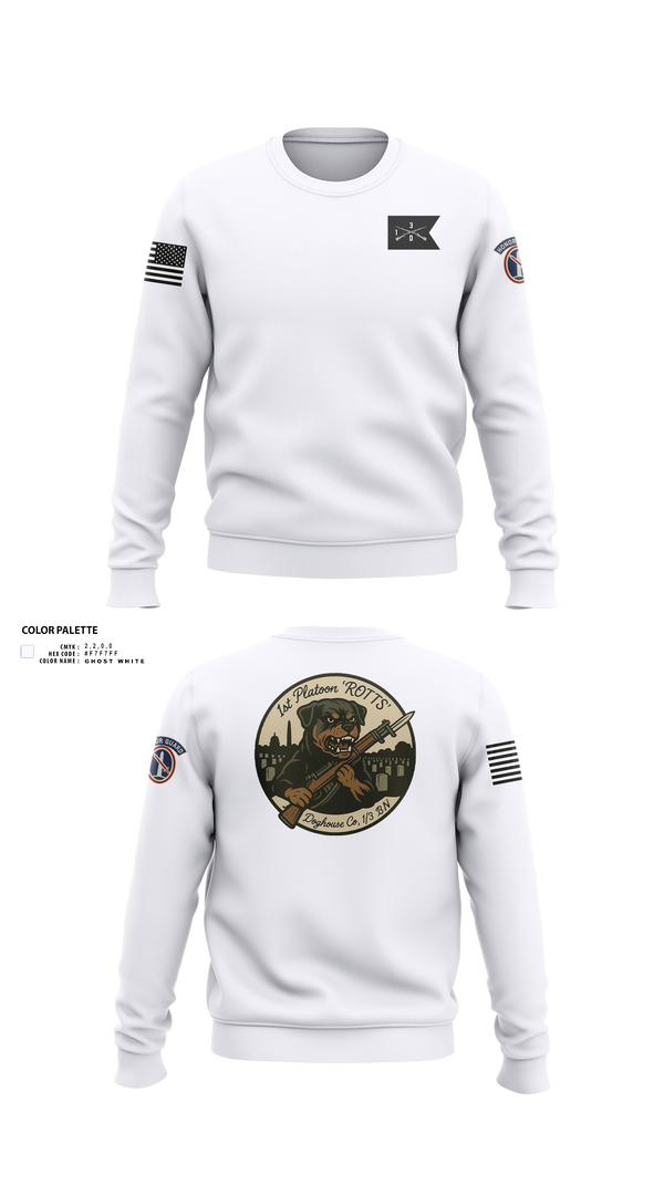 Crew Neck Sweatshirt, Doghouse 1st Platoon Rottweilers, , Teamtime, Team time, sublimation, custom sports apparel, team uniforms, spirit wear, spiritwear, sports uniforms, custom shirts, team store, custom team store, fundraiser sports, apparel fundraiser