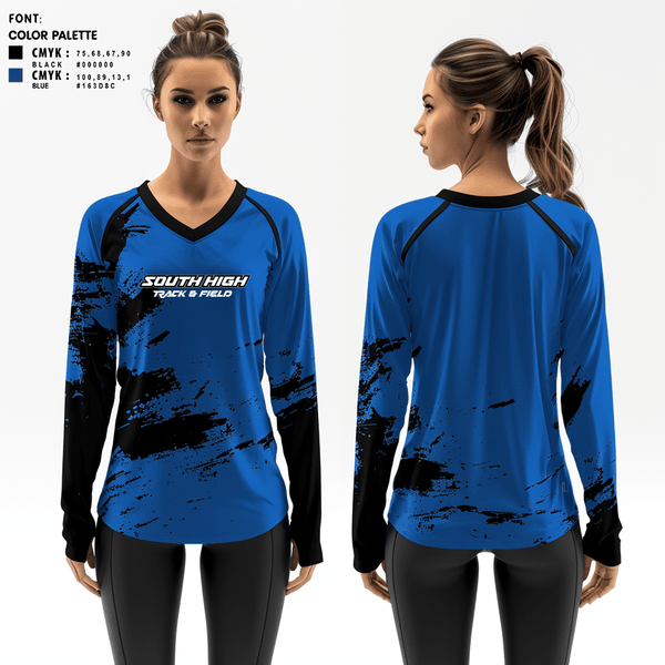 Women's Long Sleeve Vneck Shirt, south high, Track & Field, Teamtime, Team time, sublimation, custom sports apparel, team uniforms, spirit wear, spiritwear, sports uniforms, custom shirts, team store, custom team store, fundraiser sports, apparel fundraiser