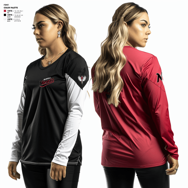 Women's Long Sleeve Vneck Shirt, NEMESISOCS 117th RTI, Softball, Teamtime, Team time, sublimation, custom sports apparel, team uniforms, spirit wear, spiritwear, sports uniforms, custom shirts, team store, custom team store, fundraiser sports, apparel fundraiser
