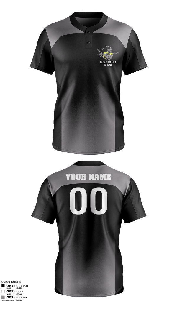Two Button Softball Jersey, Erie Lady Outlaws, Softball, Teamtime, Team time, sublimation, custom sports apparel, team uniforms, spirit wear, spiritwear, sports uniforms, custom shirts, team store, custom team store, fundraiser sports, apparel fundraiser