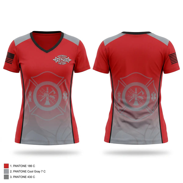 Womens Short Sleeve Vneck Shirt, Southeast Fire Department, Fire Department, Teamtime, Team time, sublimation, custom sports apparel, team uniforms, spirit wear, spiritwear, sports uniforms, custom shirts, team store, custom team store, fundraiser sports, apparel fundraiser