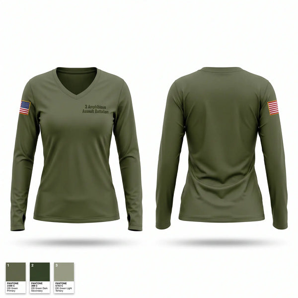 Womens Long Sleeve Vneck Shirt, 3 Amphibious Assault Battalion, Marines, Teamtime, Team time, sublimation, custom sports apparel, team uniforms, spirit wear, spiritwear, sports uniforms, custom shirts, team store, custom team store, fundraiser sports, apparel fundraiser