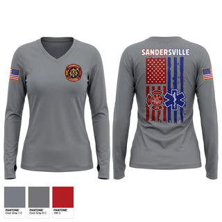 Womens Long Sleeve Vneck Shirt, Sandersville fire and rescue, Fire Department, Teamtime, Team time, sublimation, custom sports apparel, team uniforms, spirit wear, spiritwear, sports uniforms, custom shirts, team store, custom team store, fundraiser sports, apparel fundraiser