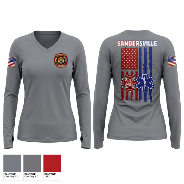 Womens Long Sleeve Vneck Shirt, Sandersville fire and rescue, Fire Department, Teamtime, Team time, sublimation, custom sports apparel, team uniforms, spirit wear, spiritwear, sports uniforms, custom shirts, team store, custom team store, fundraiser sports, apparel fundraiser